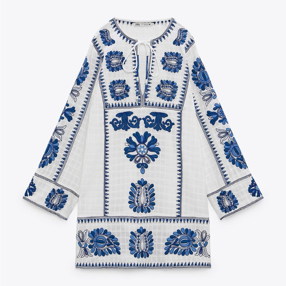 NWOT Zara White and Blue Embroidered Dress